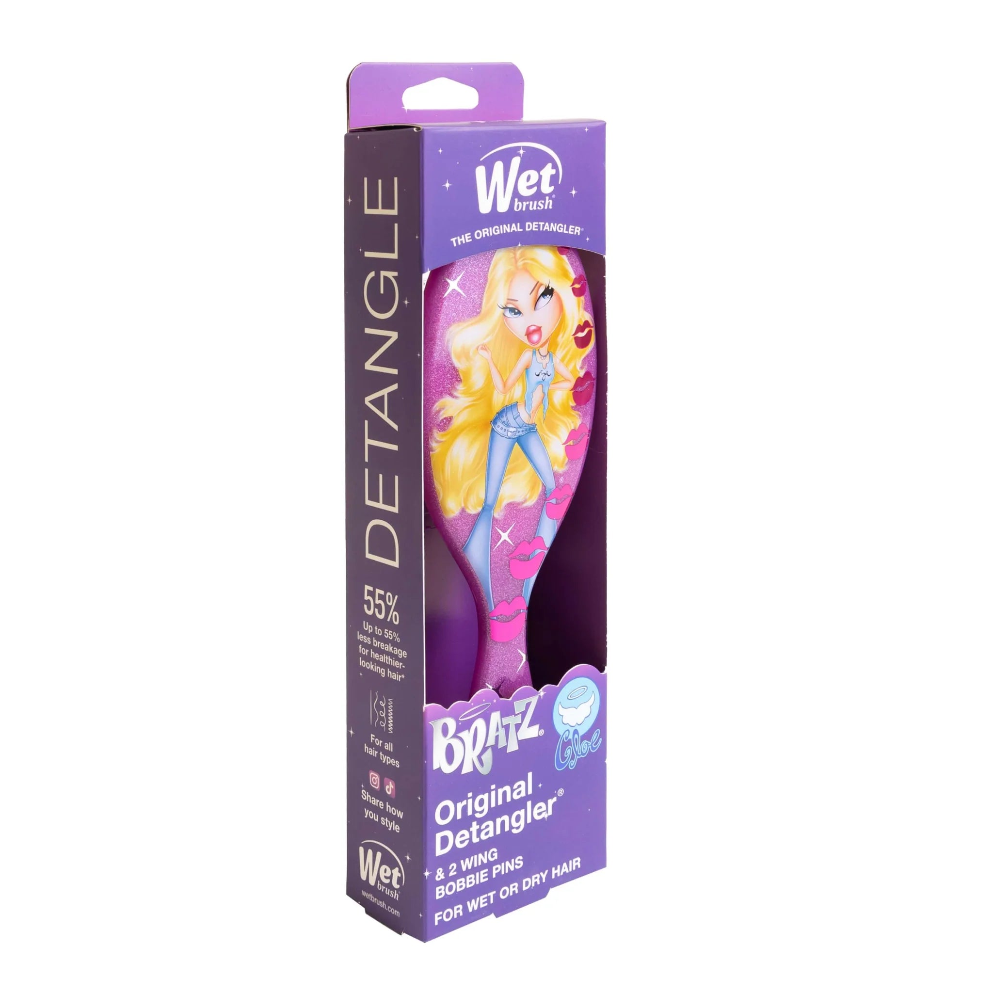 Wet Brush Original Detangler for wet or dry hair in colorful packaging featuring Bratz dolls