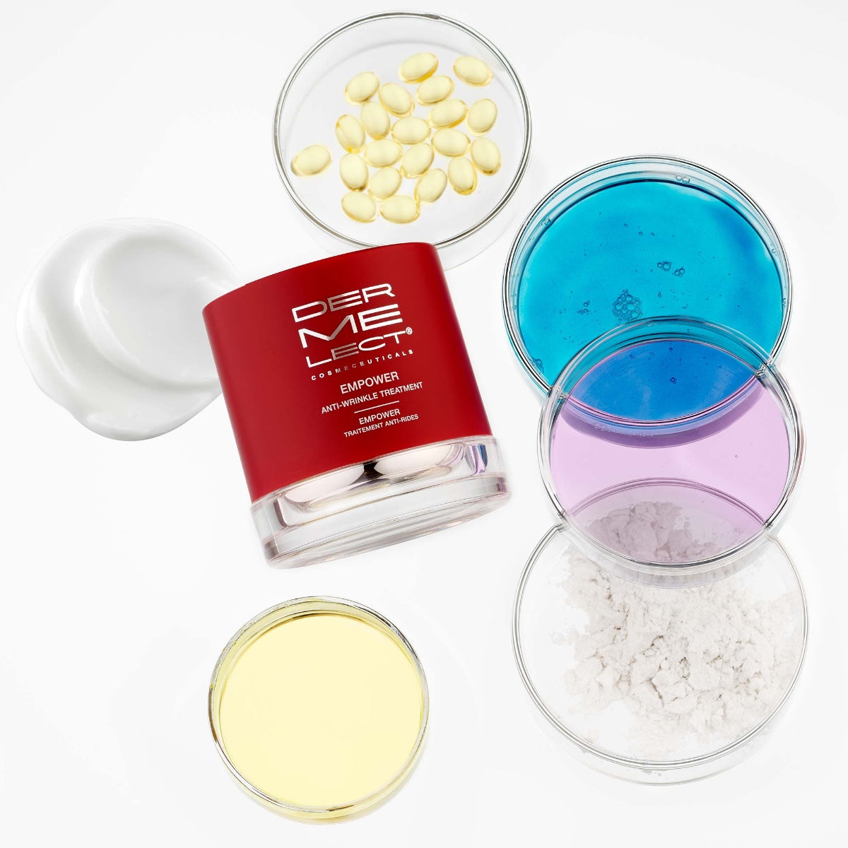 Dermelect Empower Anti-Wrinkle Treatment jar with cosmetic gels creams capsules and powders showing ingredients