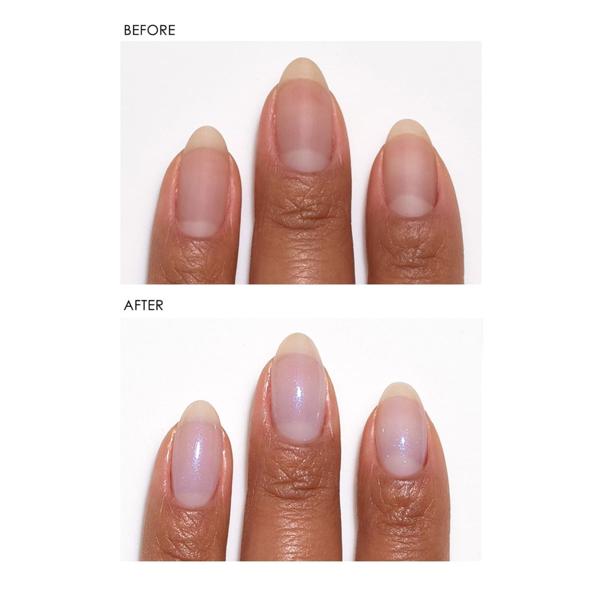 Dermelect Luminous Brightener review showing before and after three fingernails with glossy iridescent shimmer appearance