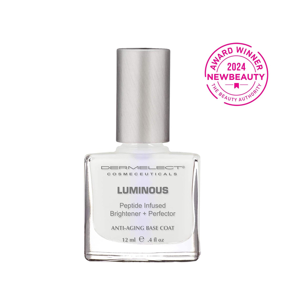 Dermelect Luminous Brightener review white peptide infused anti aging base coat bottle with NewBeauty 2024 award
