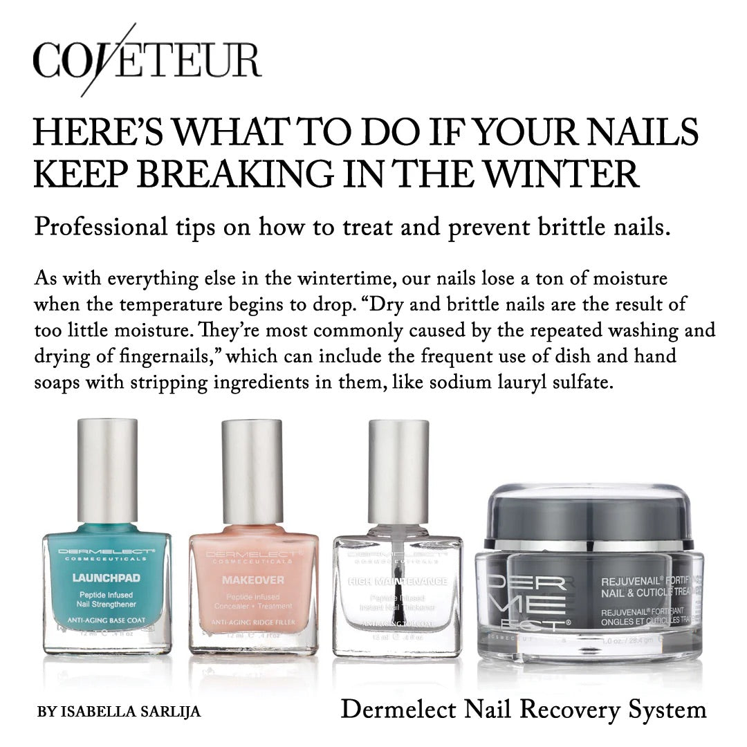 Dermelect nail recovery kit with four products including nail polishes and a rejuvenating nail cream