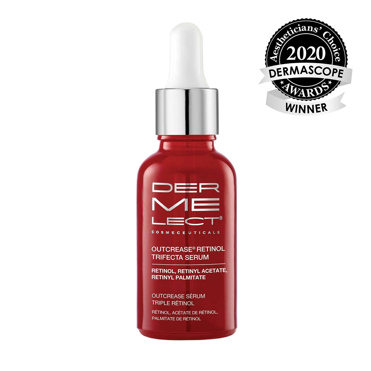 Dermelect Outcrease Retinol Trifecta Serum red glass dropper bottle with silver cap and award badge