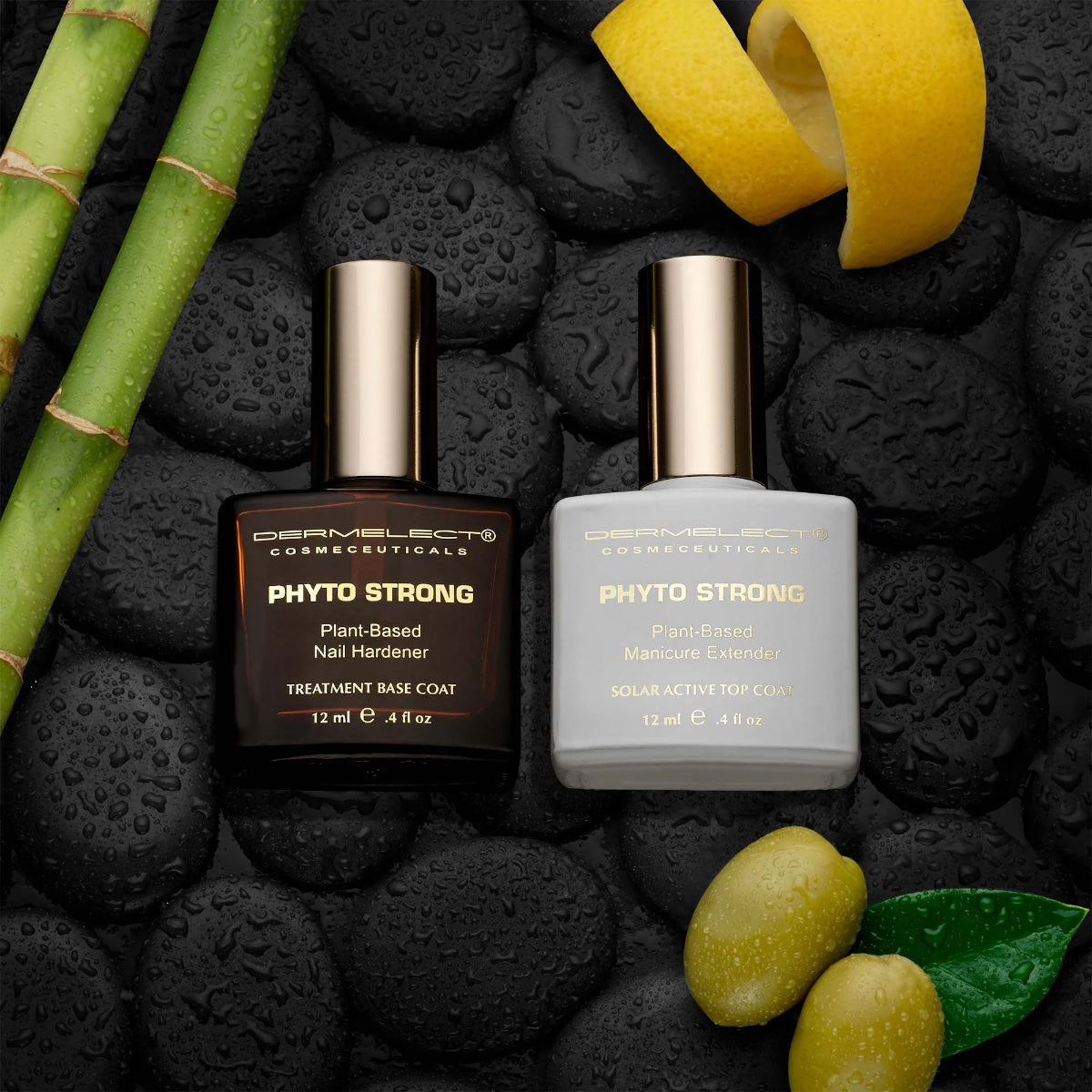 Dermelect Phyto Strong manicure set plant based nail hardener and manicure extender bottles on black spa stones