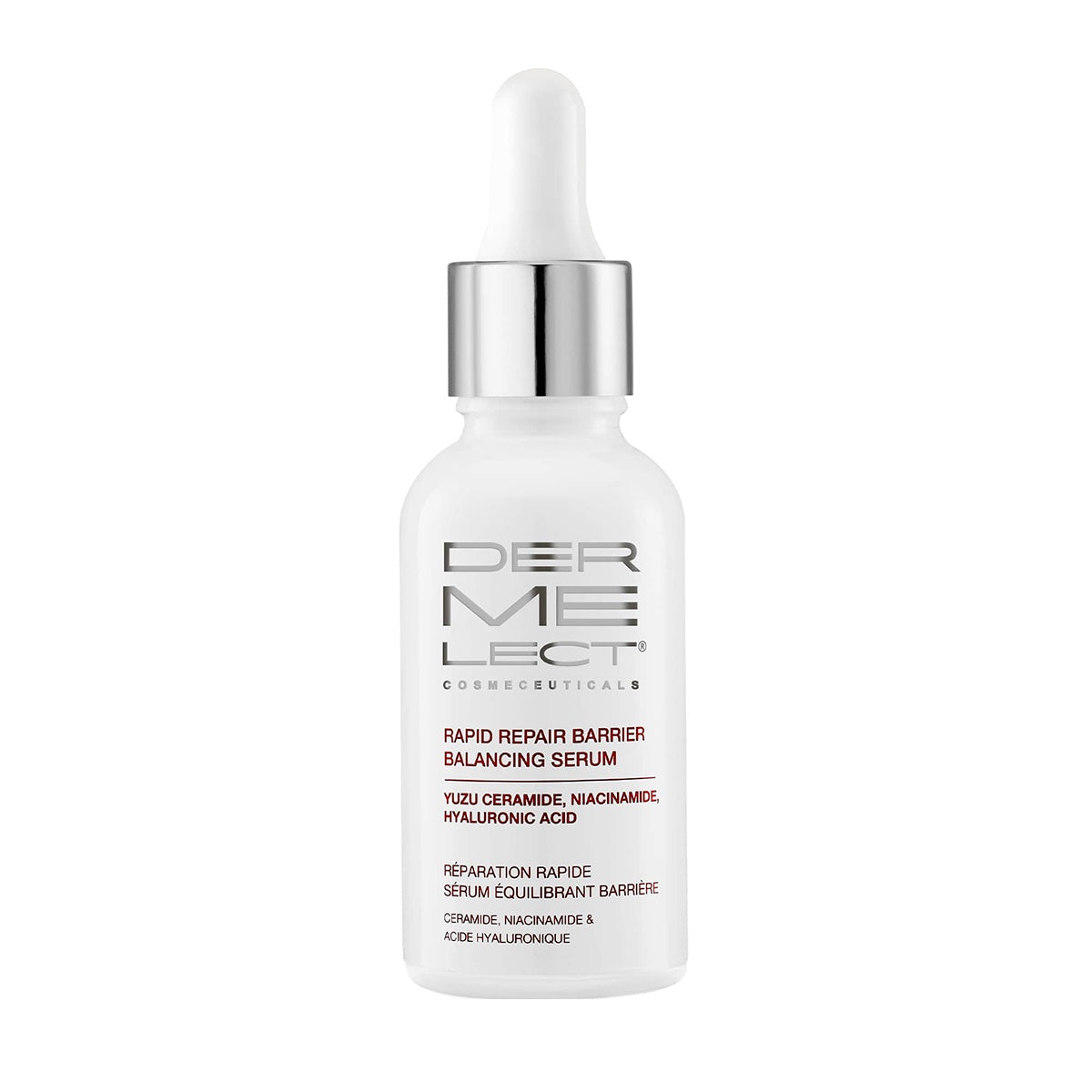 Dermelect Rapid Repair Serum white glass dropper bottle with silver cap for skin barrier repair and hydration