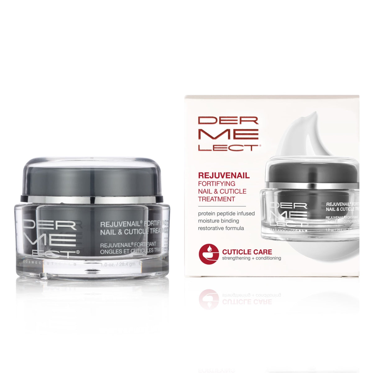 Dermelect Rejuvenail fortifying nail and cuticle treatment jar with box showing cream for strengthening and conditioning