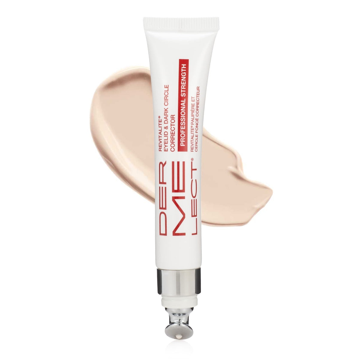 Dermelect Revitalite for dark circles professional strength eye corrector tube with metal applicator and beige swatch