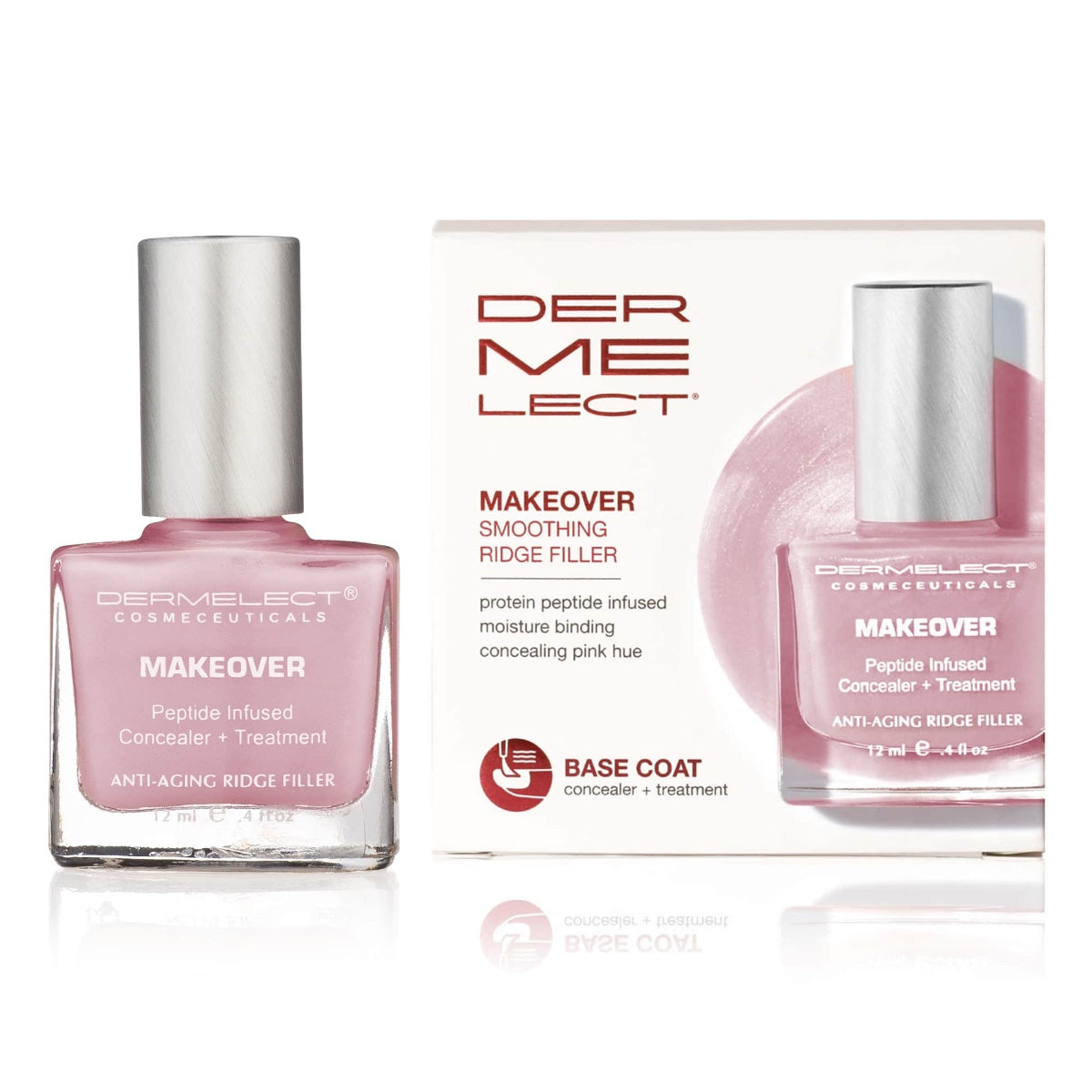 Dermelect Ridge Filler smoothing pink nail base coat bottle and box for concealing and treating ridges