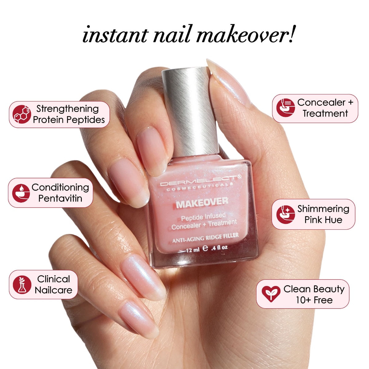 Hand holding Dermelect Ridge Filler pink anti aging concealer and treatment nail bottle showing product benefits