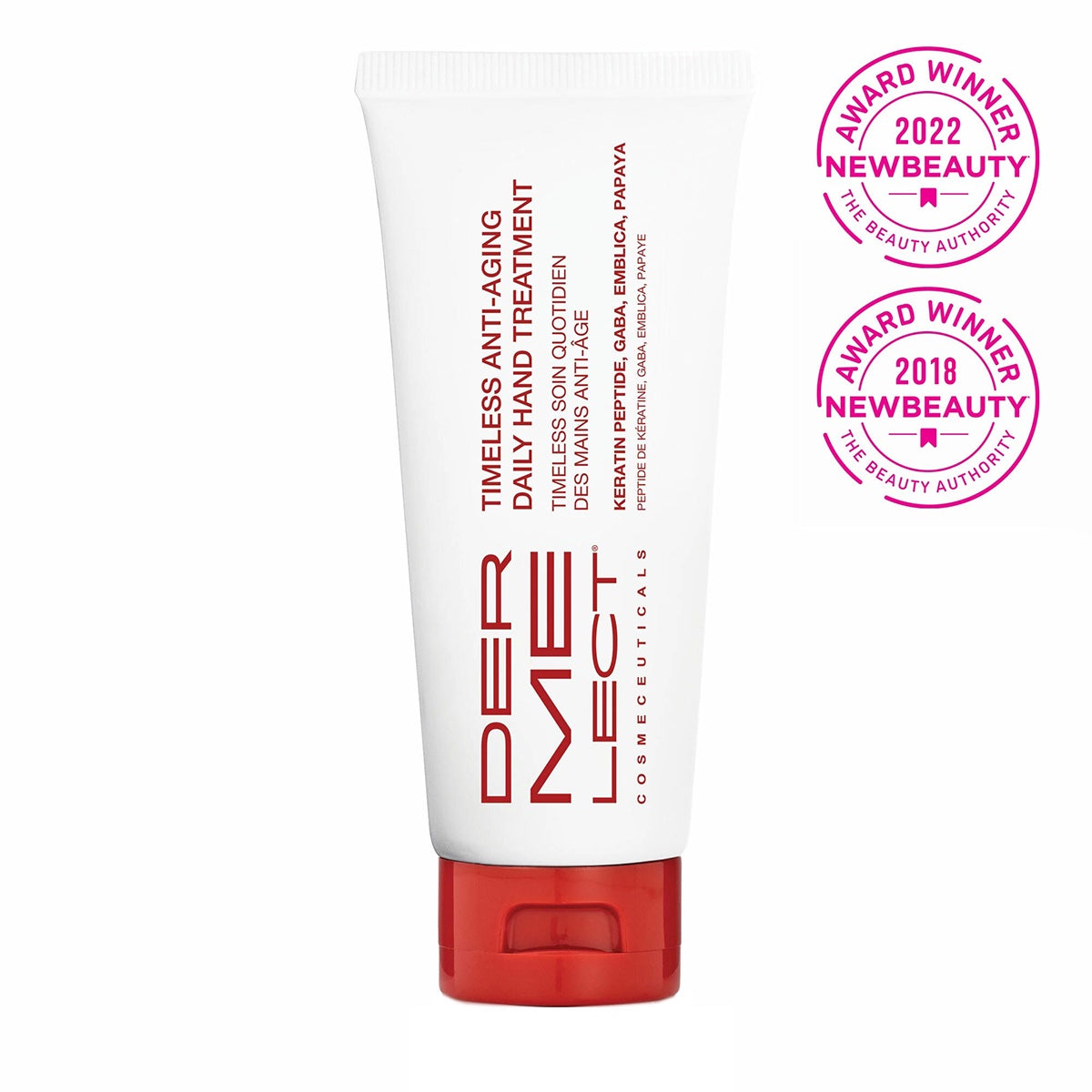 Dermelect Timeless Daily Hand Treatment white tube with red cap anti aging hand cream and NewBeauty award seals