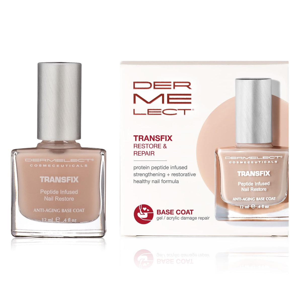 Dermelect Transfix base coat nude peptide infused anti aging nail restorer bottle with boxed packaging