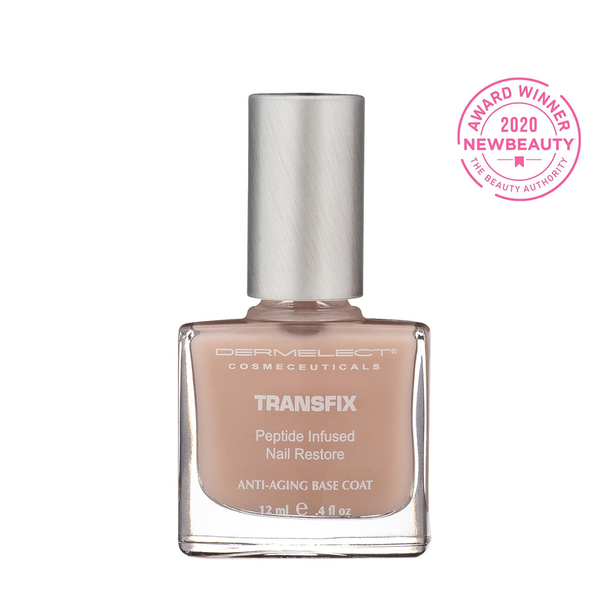 Dermelect Transfix base coat peptide infused nude anti aging nail restore bottle with NewBeauty award seal