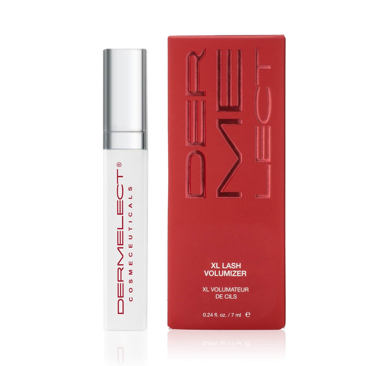 Dermelect XL Lash Volumizer white tube with silver cap beside red embossed Dermelect box for lash volumizing