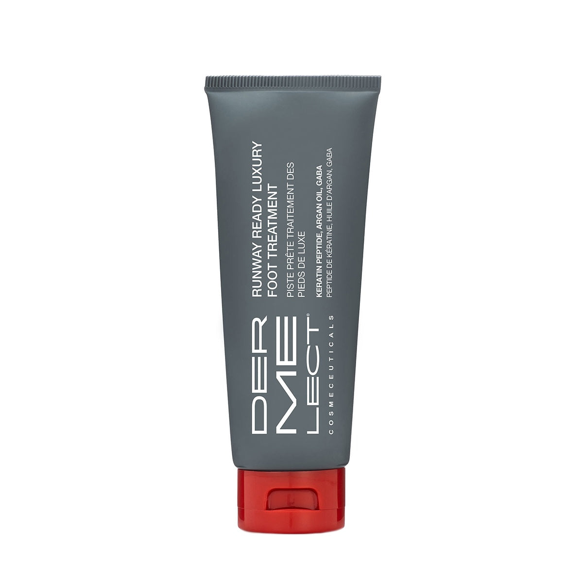 Dermelect Runway Ready luxury foot treatment tube in gray with red cap for smoothing and hydrating feet