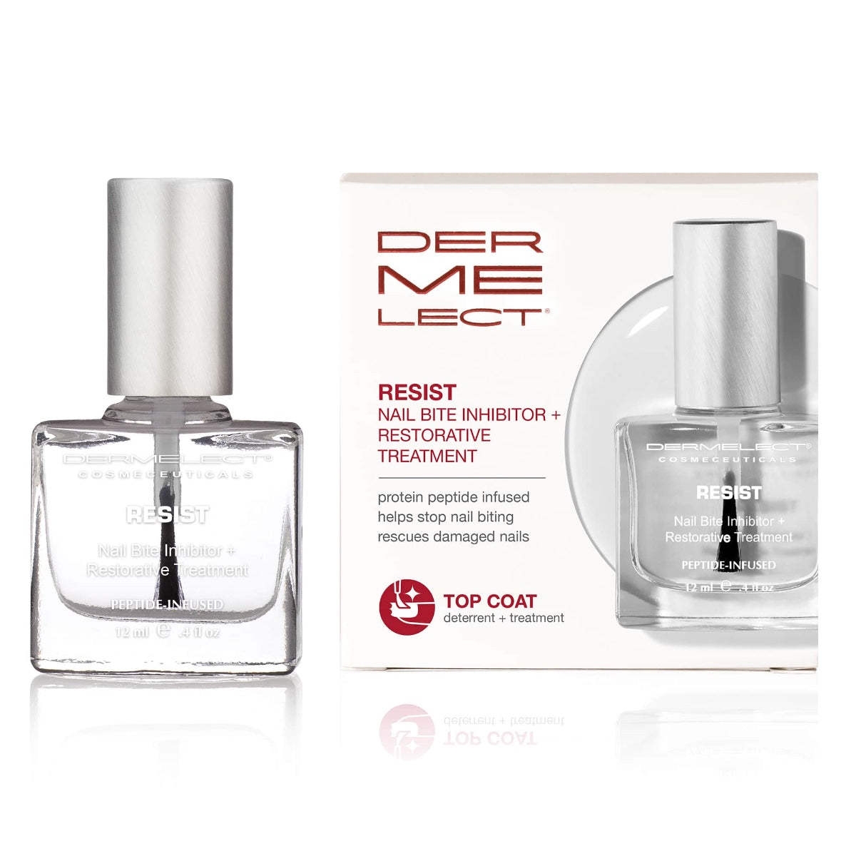 Dermelect RESIST nail bite inhibitor treatment top coat bottle and box with restorative peptide formula