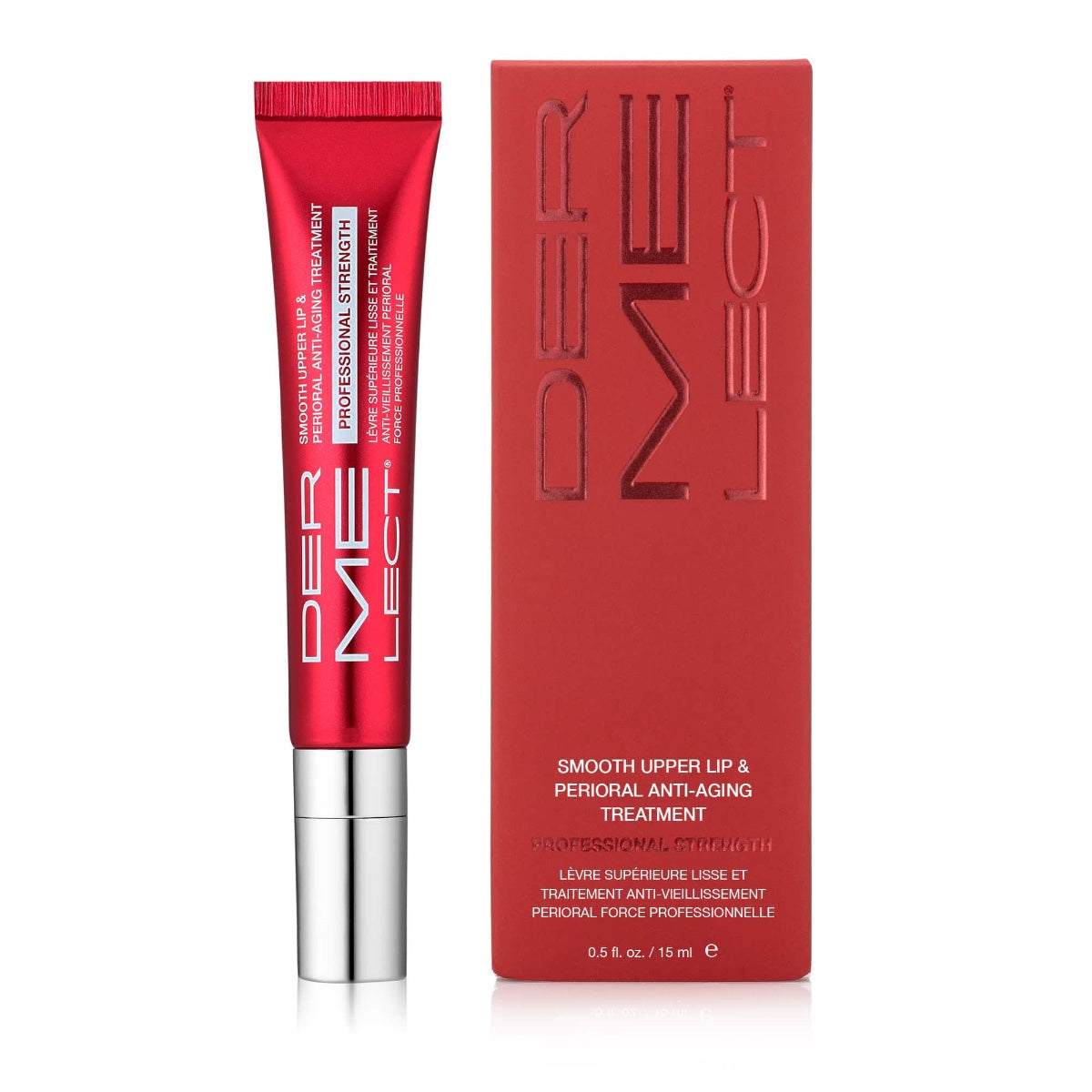 Dermelect red tube and box for upper lip anti-aging cream smoothing and firming perioral treatment
