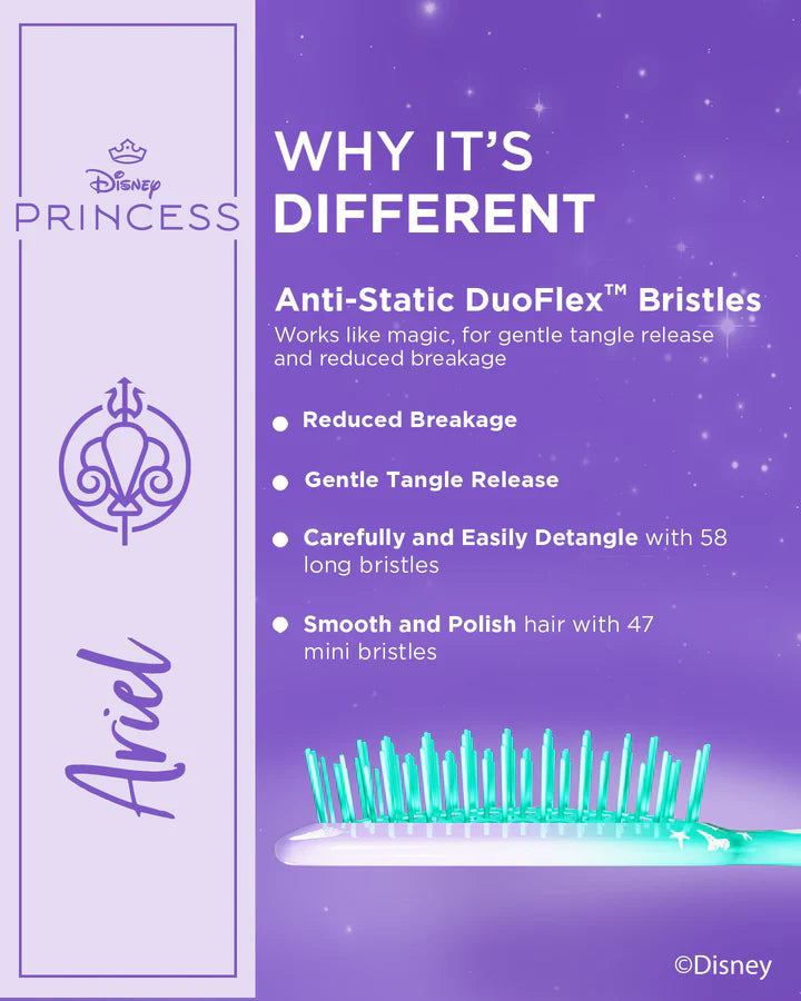 Disney Princess detangling hair brush featuring anti-static DuoFlex bristles for reduced breakage
