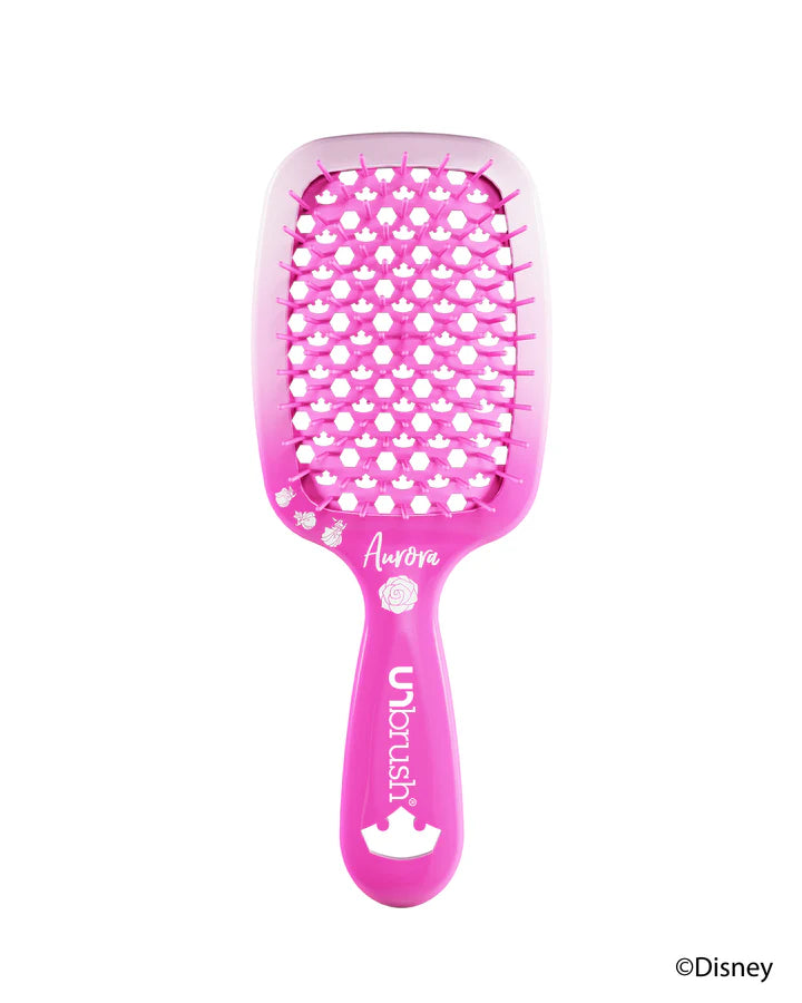 Disney Princess detangling hair brush featuring Aurora design with a pink handle and flower patterns