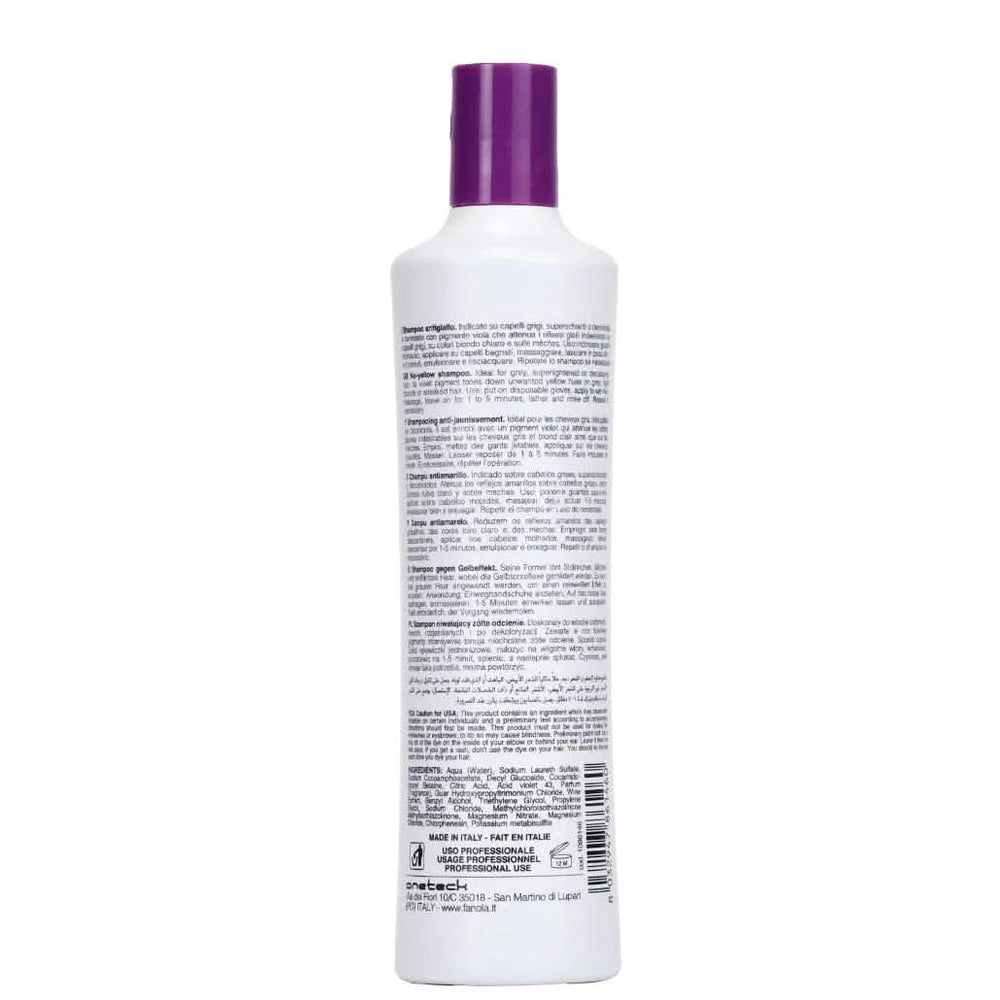 Fanola No Yellow Shampoo 350ml bottle with detailed instructions and ingredients on the back