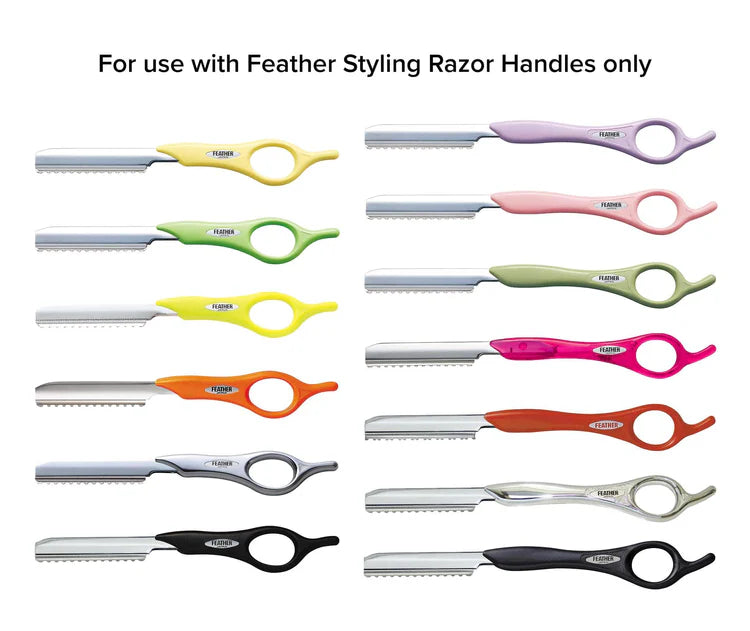 Feather razor blades in various colors designed for use with Feather styling razor handles