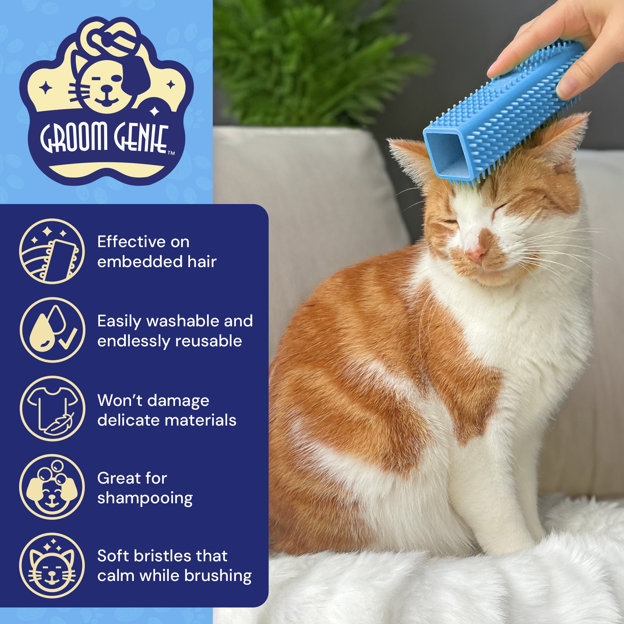 Knot Genie pet hair removal brush with soft bristles used on a relaxed orange and white cat