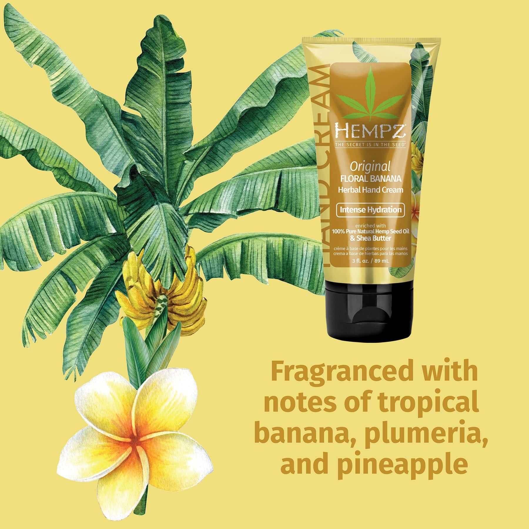 Hempz hand cream in a floral banana scent with tropical fragrance notes for intense hydration