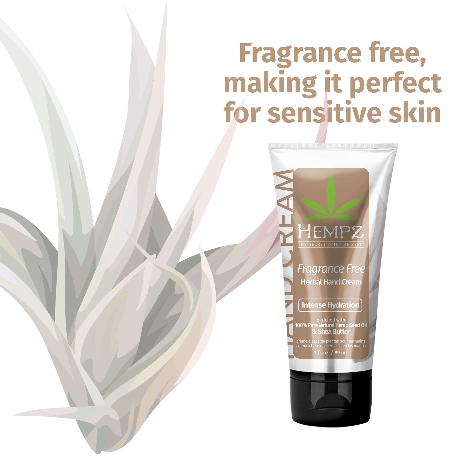 Hempz hand cream in a tube, fragrance free for sensitive skin with intense hydration