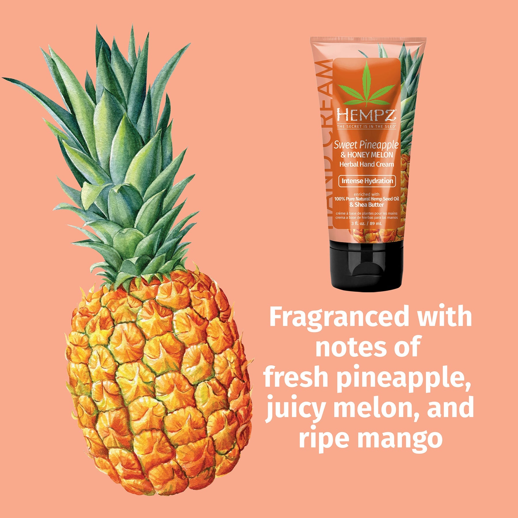 Hempz hand cream in Sweet Pineapple and Honey Melon scent for intense hydration with fruity fragrance