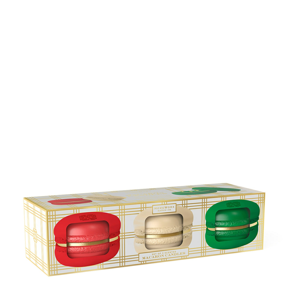 HomeWorx by Slatkin & Co macaron candle gift set with red, white, and green macaron-shaped candles in decorative box