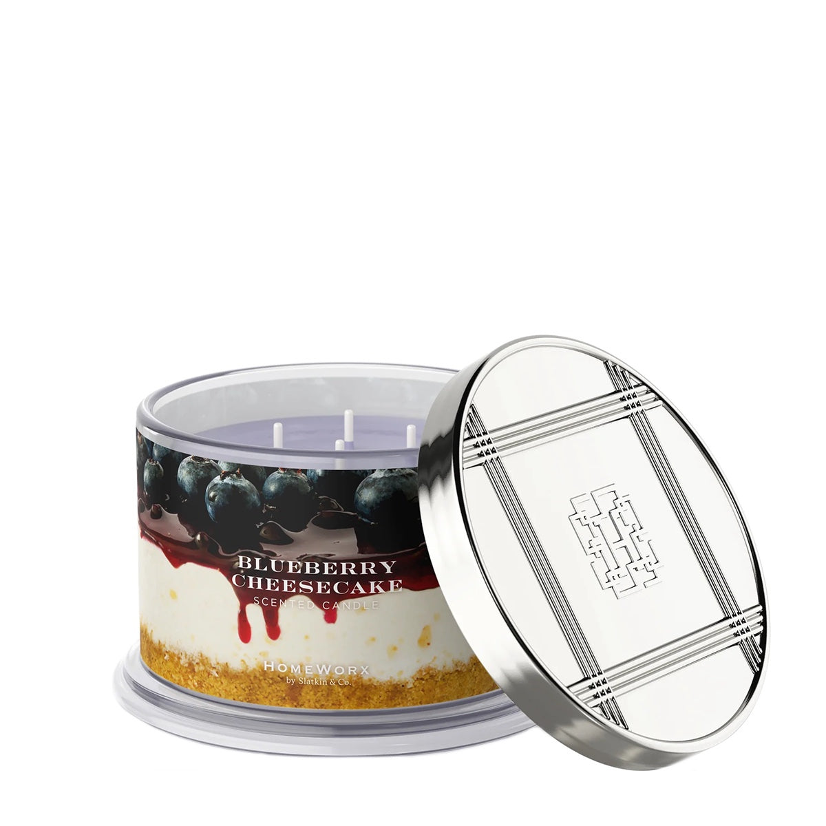 HomeWorx by Slatkin & Co blueberry cheesecake scented candle with silver lid and three wicks