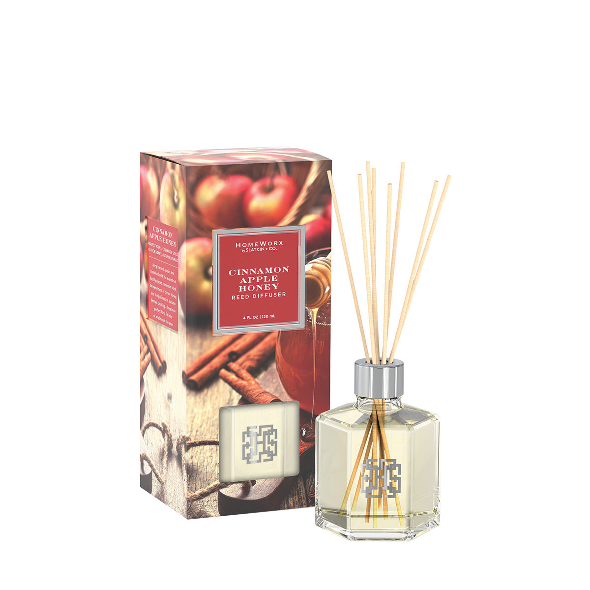 HomeWorx by Slatkin cinnamon apple reed diffuser with wooden sticks and decorative box packaging