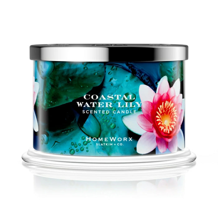 HomeWorx by Slatkin & Co. coastal water lily scented candle with floral water lily design and silver lid