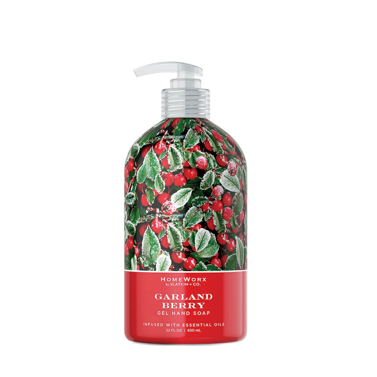HomeWorx by Slatkin & Co Garland Berry Hand Soap gel with frosted red berry and green leaf design bottle