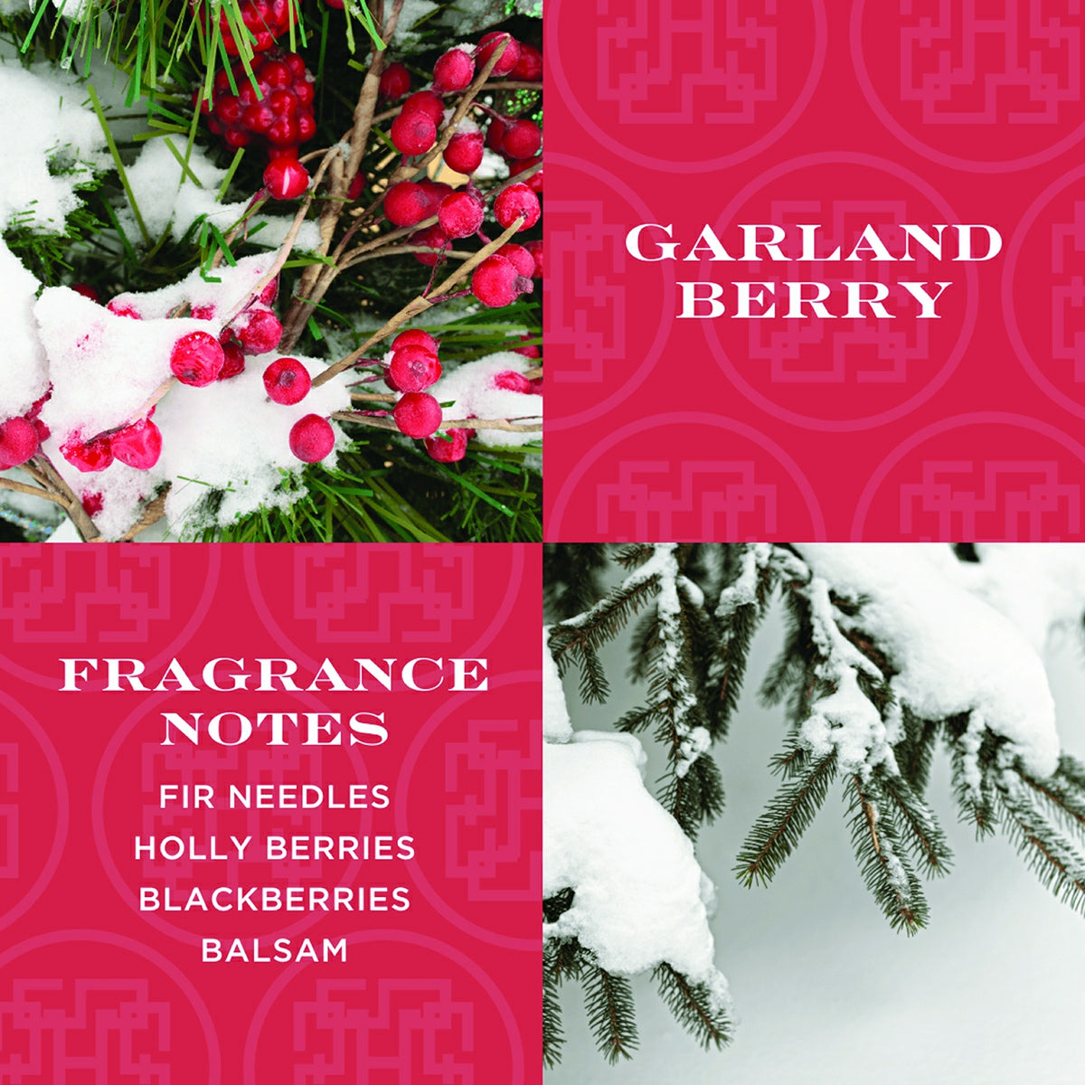 Garland berry hand soap fragrance notes including fir needles holly berries blackberries and balsam with snowy pine branches