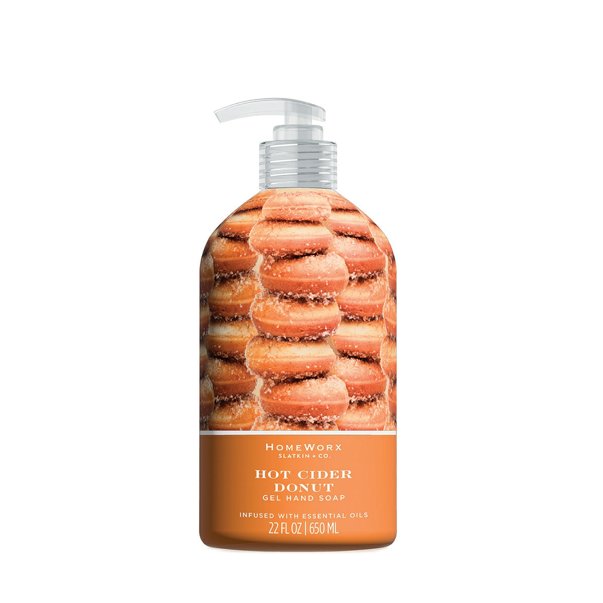 HomeWorx by Slatkin & Co. hot cider donut hand soap gel in a 22 fl oz pump bottle with donut design