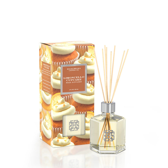 HomeWorx by Slatkin Limoncello cupcake reed diffuser with clear glass bottle and natural reed sticks