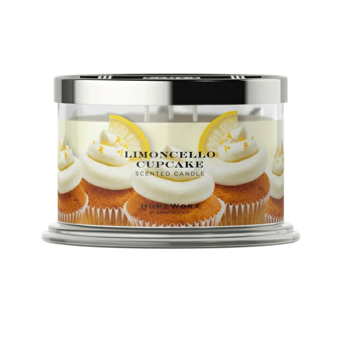 HomeWorx by Slatkin Limoncello Cupcake scented candle with lemon cupcake design and silver lid