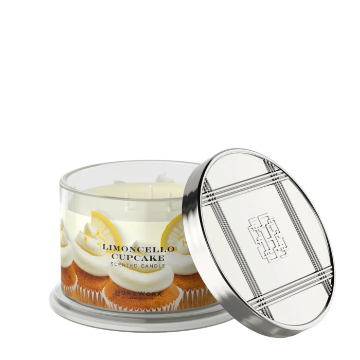 HomeWorx by Slatkin Limoncello Cupcake scented candle in clear glass jar with silver lid