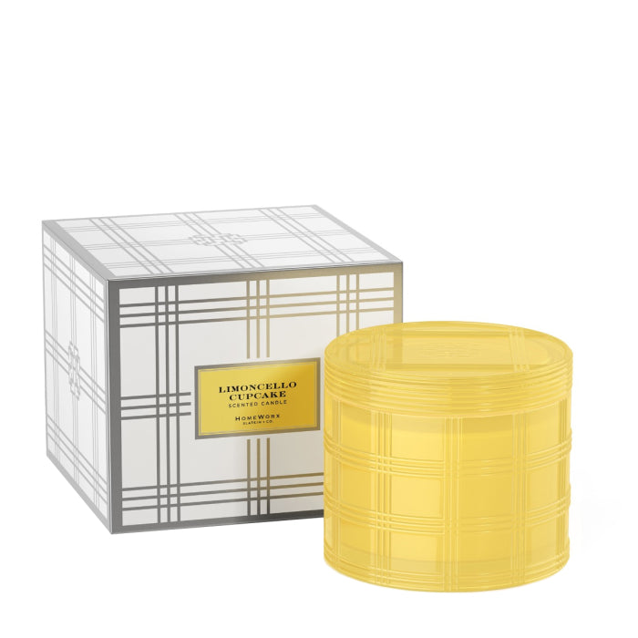 HomeWorx by Slatkin Limoncello Cupcake scented candle in yellow glass jar with plaid design and matching box