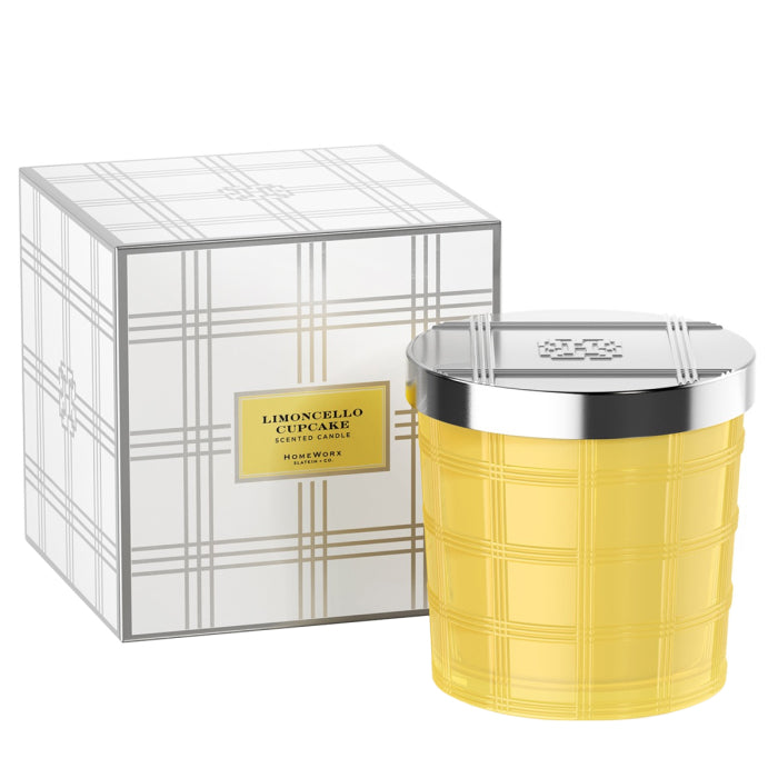 HomeWorx by Slatkin and Co Limoncello Cupcake scented candle in yellow glass jar with silver lid and decorative box