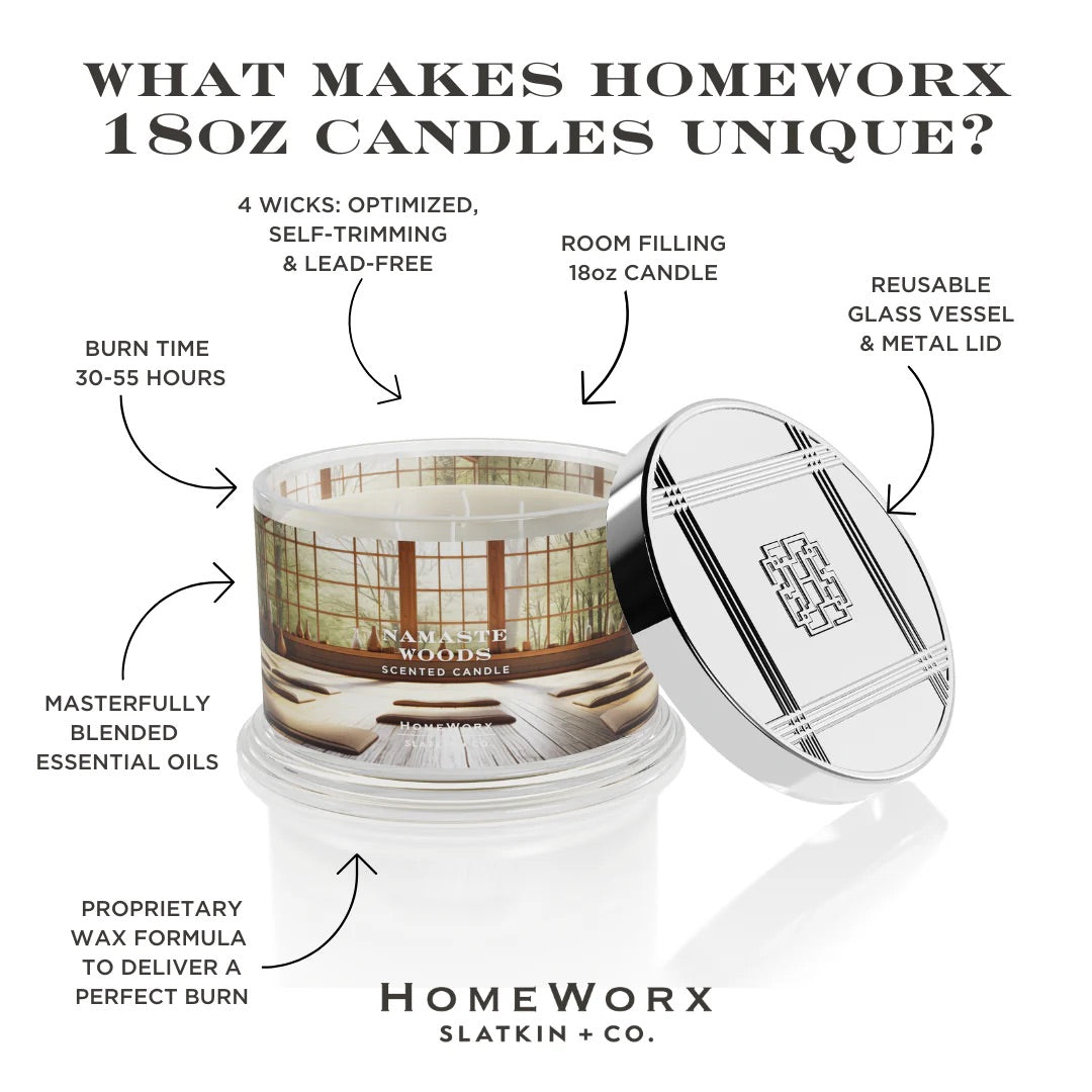 HomeWorx Namaste Woods scented candle 18oz in reusable glass vessel with four wicks and metal lid