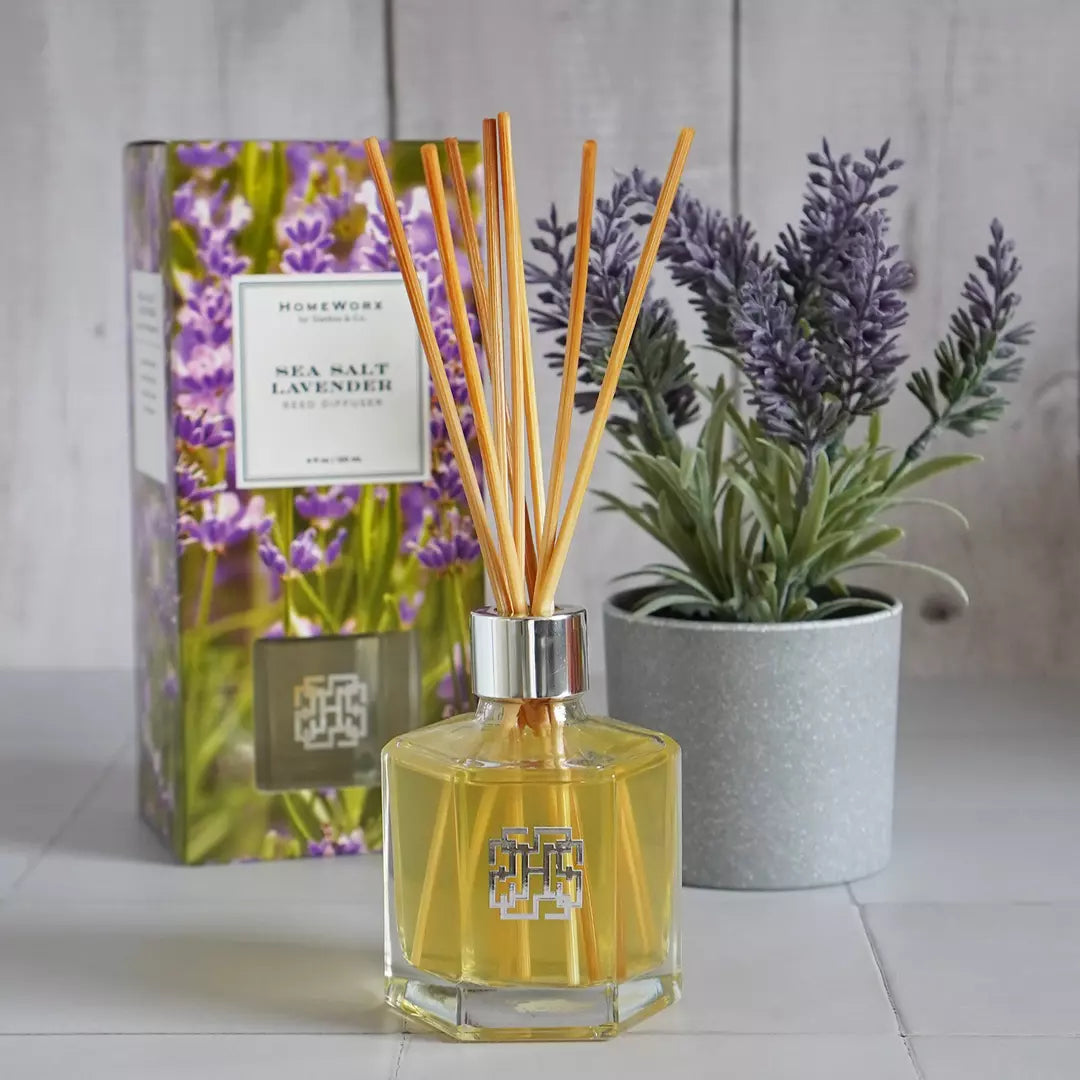 HomeWorx by Slatkin sea salt lavender reed diffuser with wooden sticks and floral packaging
