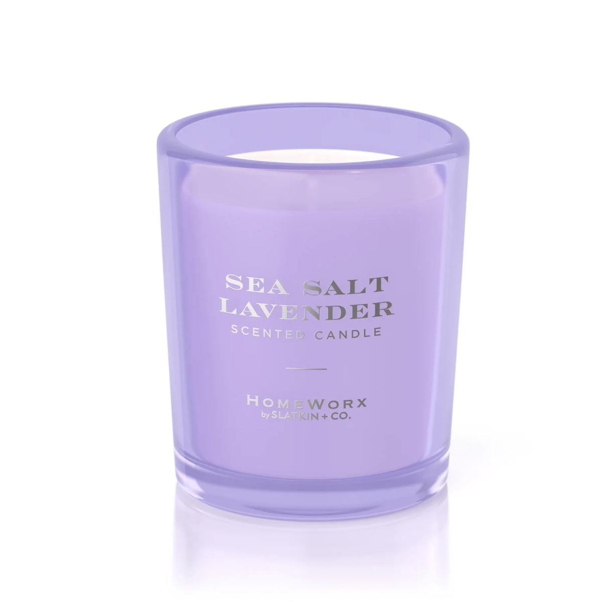 HomeWorx Signature Candle Gift Set Sea Salt Lavender scented candle in a purple glass container