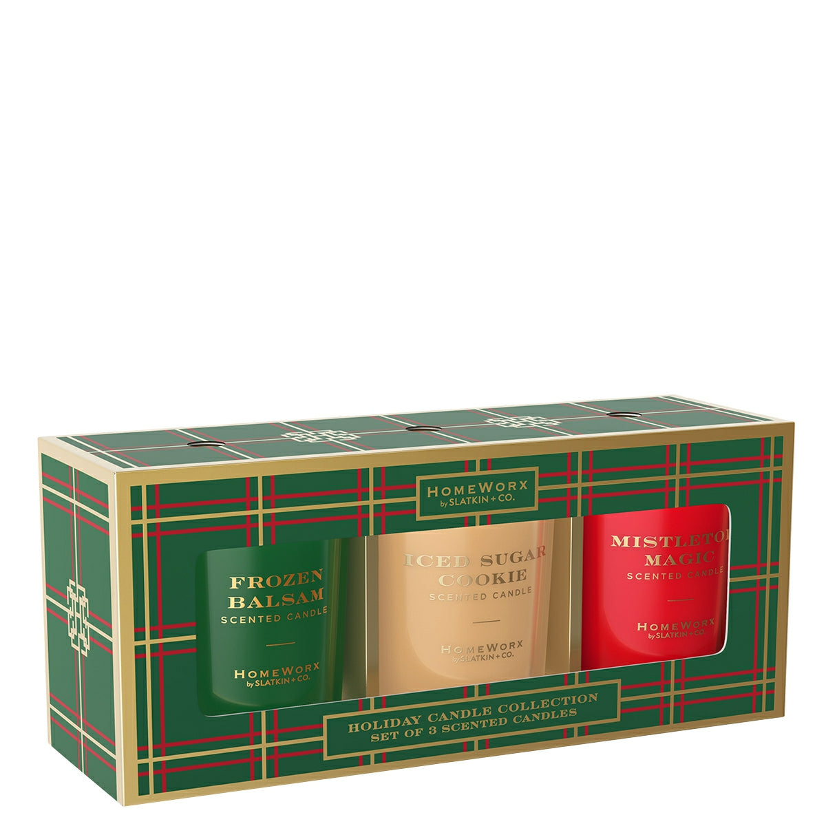HomeWorx by Slatkin holiday candle gift set with Frozen Balsam, Iced Sugar Cookie, and Mistletoe Magic scents