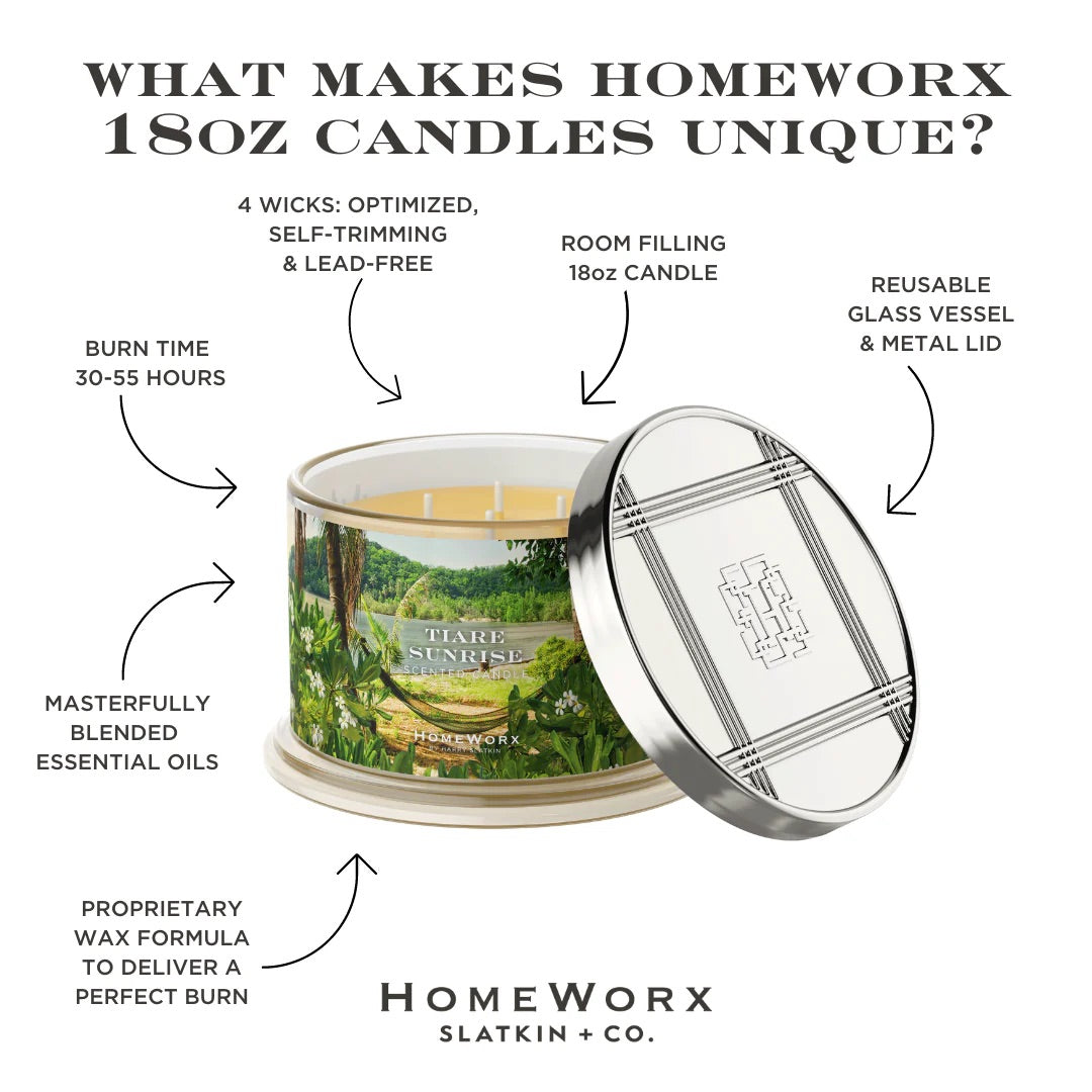 HomeWorx Tiare Sunrise candle 18oz with reusable glass vessel, metal lid, and 4 optimized wicks
