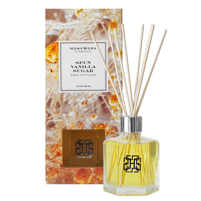 HomeWorx by Slatkin vanilla reed diffuser with yellow liquid and decorative packaging