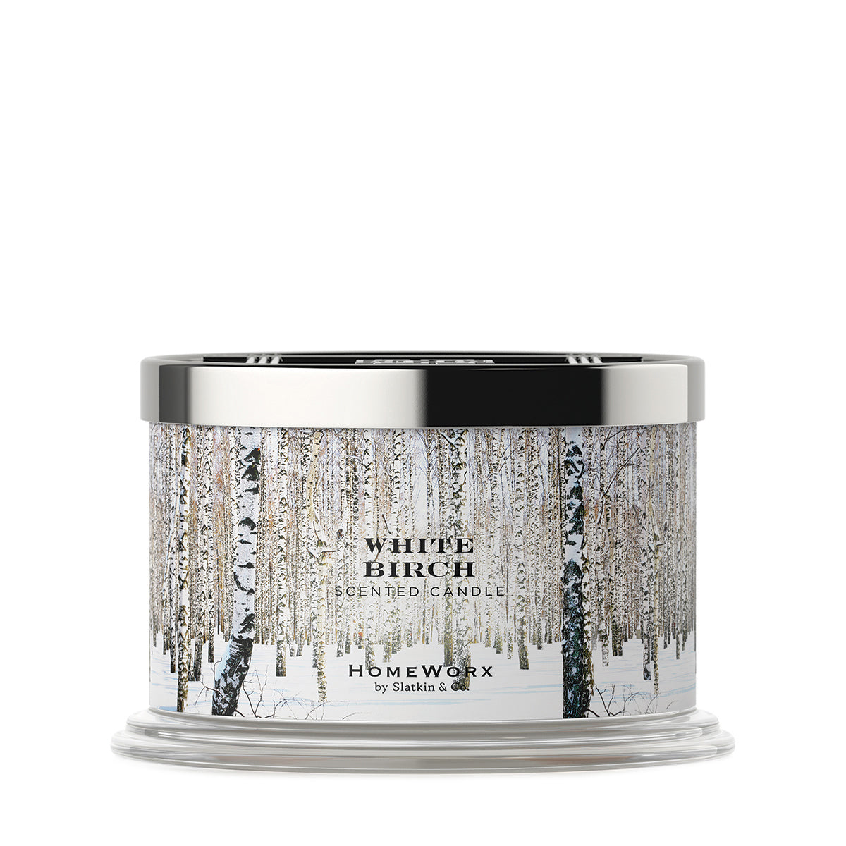 HomeWorx by Slatkin & Co white birch scented candle with birch tree design and silver lid