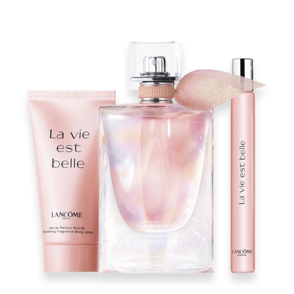 Lancome La Vie Est Belle gift set featuring perfume, body lotion, and travel spray for a delightful fragrance experience