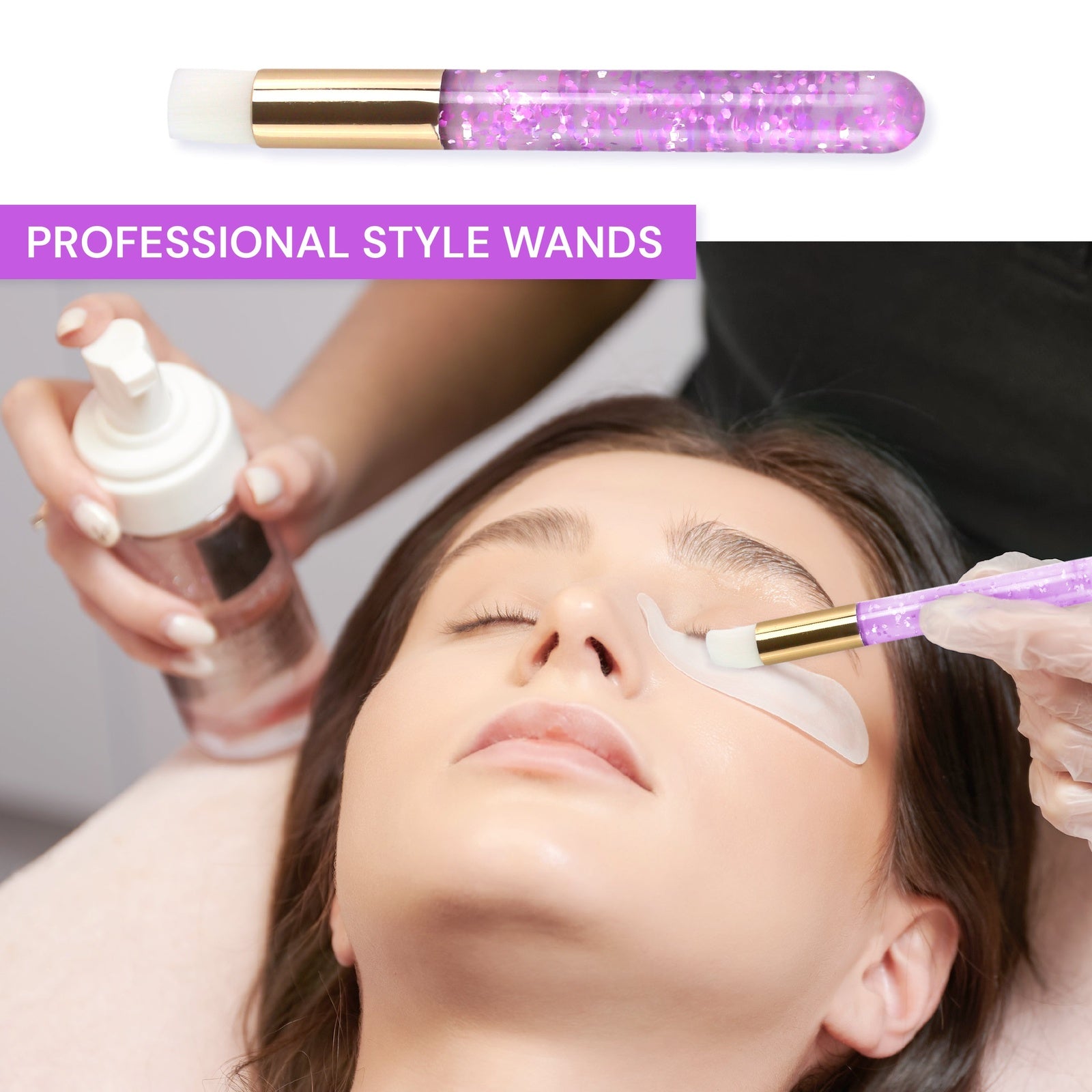 Apothie lash shampoo brush with purple glitter handle used for professional eyelash cleansing