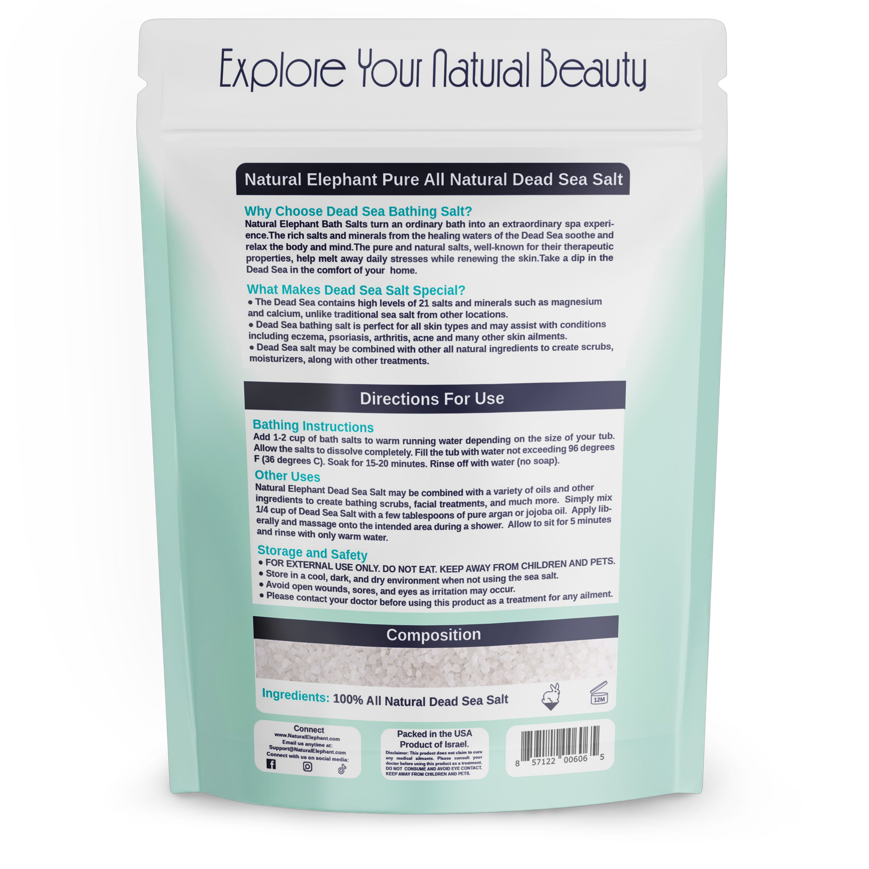 Natural Elephant Coarse Dead Sea Salt for Body in resealable package with usage instructions