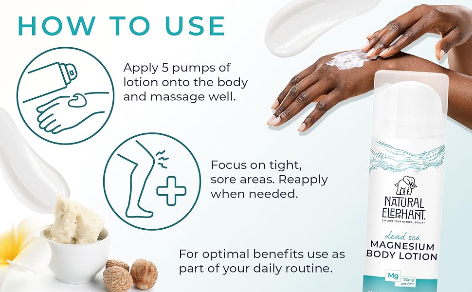 Natural Elephant Dead Sea magnesium body lotion being applied on hands with usage instructions